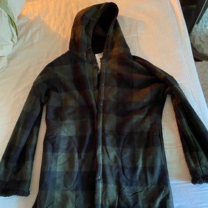 Long, plaid, soft button-up jacket